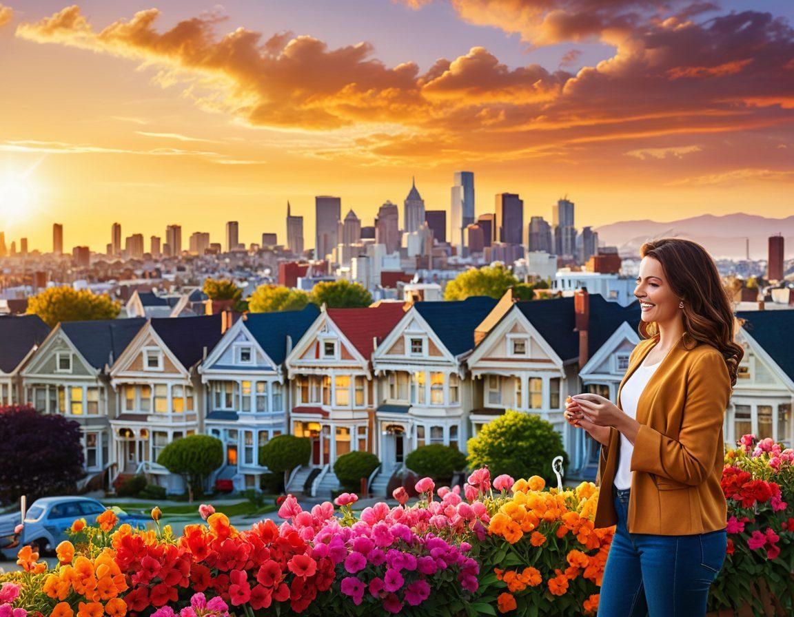 A dynamic city skyline at sunset, showcasing diverse residential homes and modern apartments. In the foreground, a joyful first-time homebuyer holding keys, surrounded by blooming flowers and friendly neighbors. Include subtle financial symbols like graphs and charts in the background to represent investment success. The scene conveys warmth and optimism. vibrant colors. super-realistic.