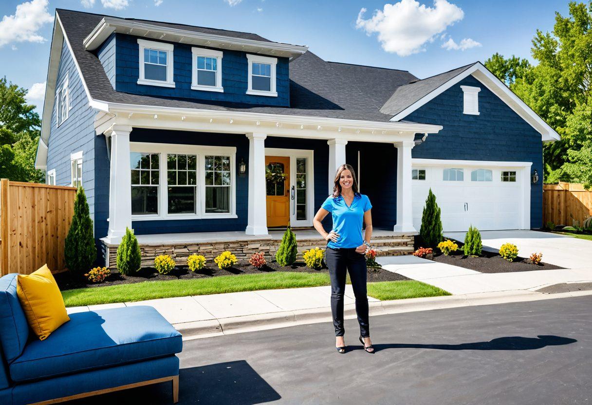 A vibrant scene depicting a friendly real estate agent guiding a diverse group of aspiring homeowners and savvy investors through a beautifully staged home. Include elements like a 'Sold' sign in the foreground, details of modern interior design, and a bright sunny day outside. Add a blueprint in the background hinting at the journey from listings to closings. super-realistic. vibrant colors. white background.