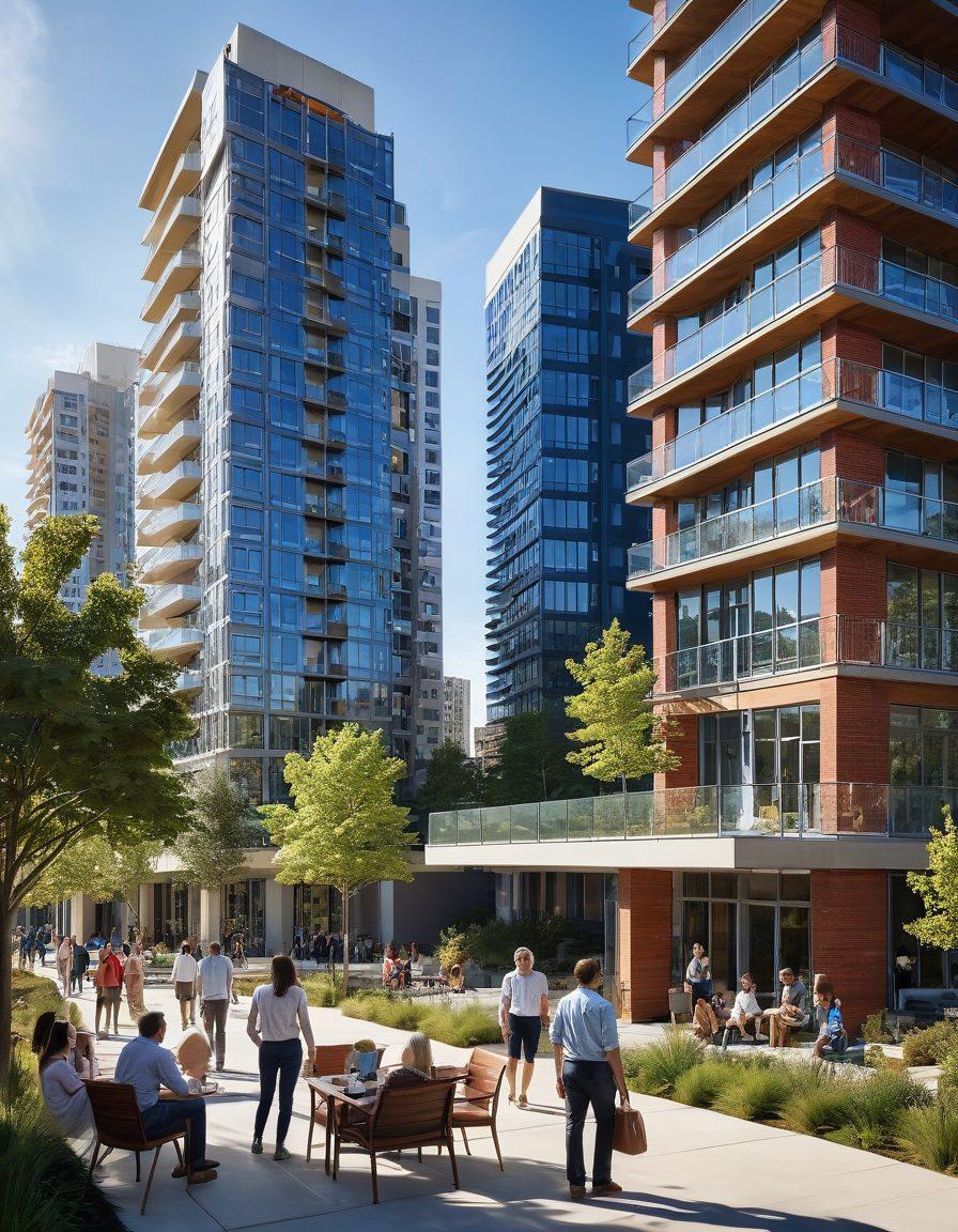 A dynamic cityscape with diverse architectural styles representing various housing options, including modern condos, traditional homes, and eco-friendly designs. Incorporate a clear sky with sun rays shining down on the buildings, symbolizing hope and opportunity. Include people of different demographics discussing plans and looking at blueprints, illustrating collaboration in the housing market. The scene should evoke a sense of exploration and discovery in real estate. vibrant colors. super-realistic.